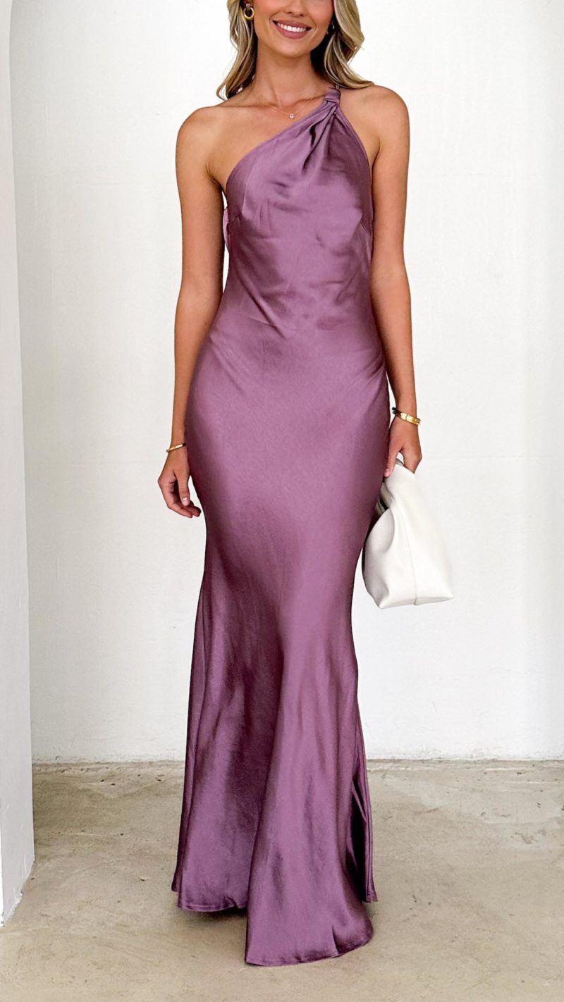 Toperth Mauve One Shoulder Satin Evening Maxi Dress – Toperth