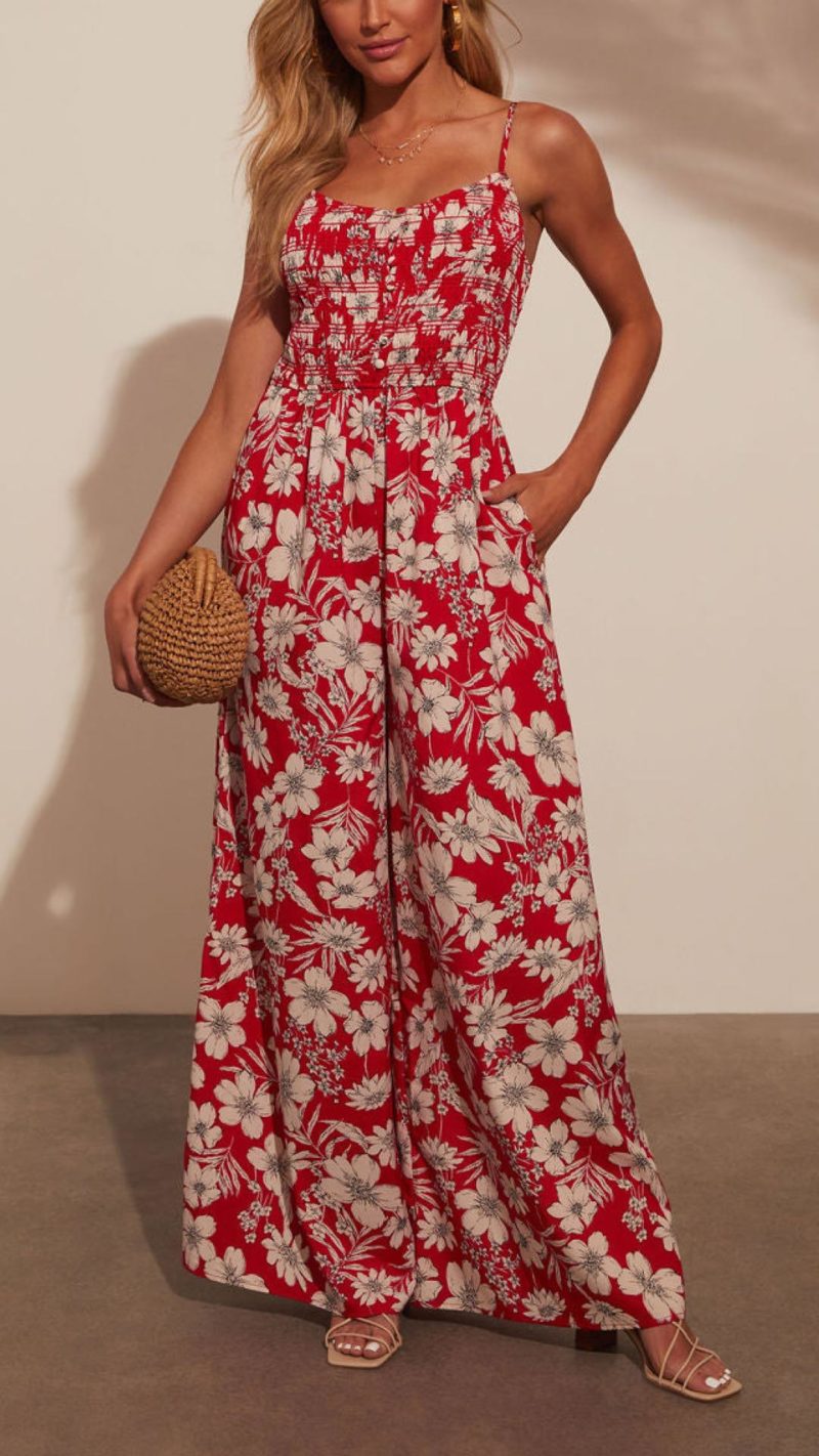 Toperth Red Floral Smocked Wide Leg Jumpsuit – Toperth