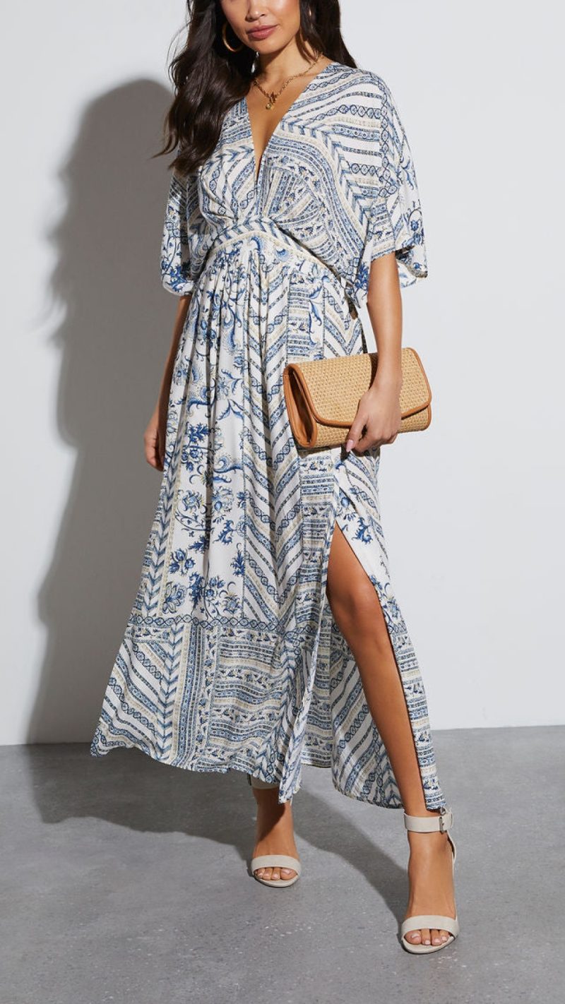 Toperth Blue Floral Print Kimono Maxi Dress – Toperth