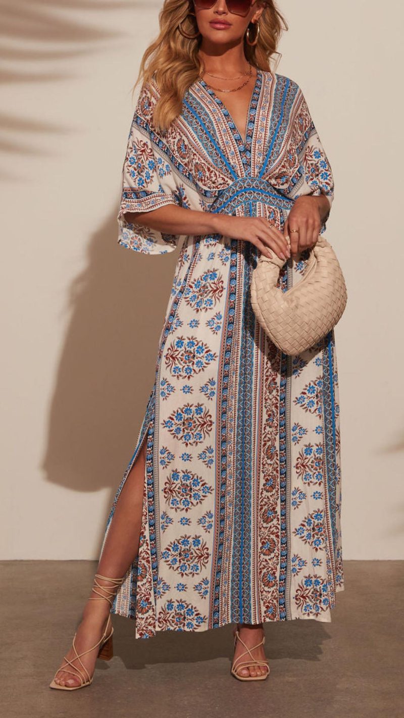 Toperth Blue Boho Print Kimono Maxi Dress – Toperth