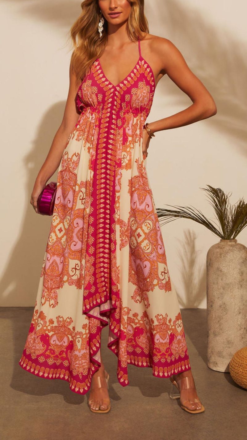 Toperth Red Boho Print High-Low Maxi Dress – Toperth