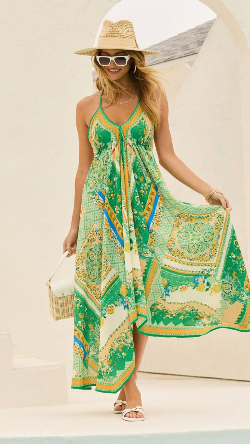 Toperth Green Boho Print High-Low Maxi Dress – Toperth