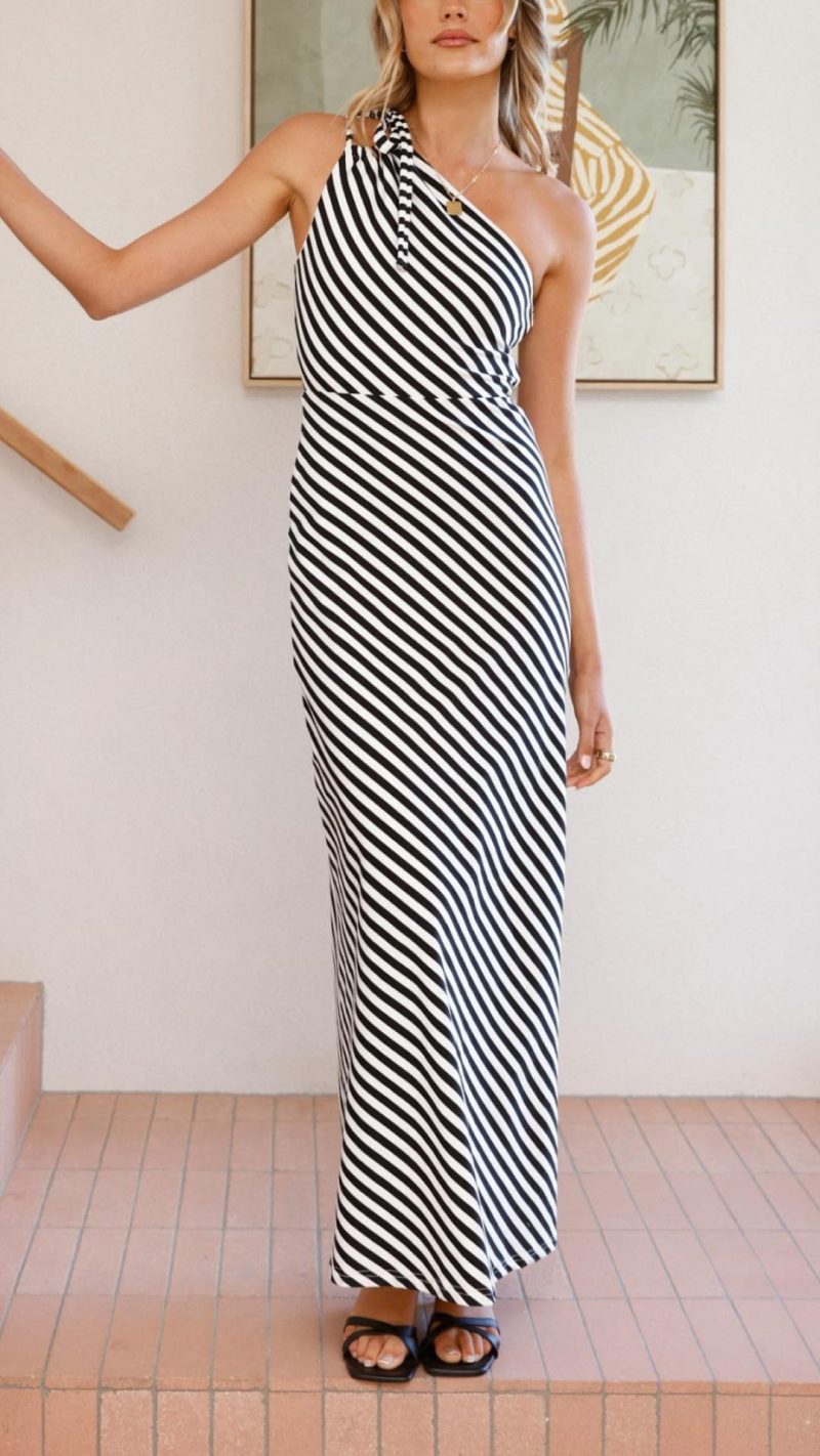 Toperth Black and White Striped One-Shoulder Maxi Dress – Toperth