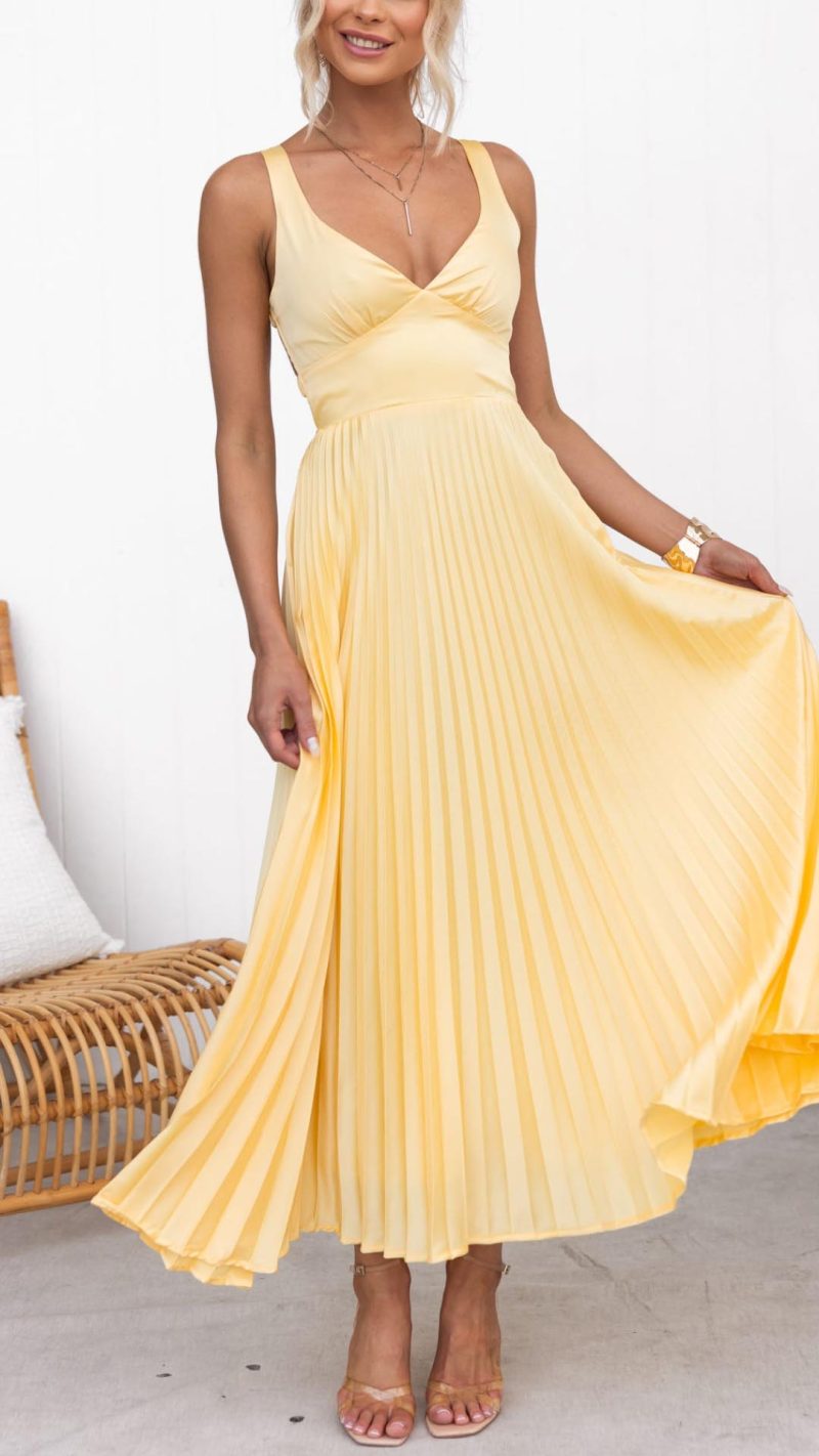 Toperth Yellow Pleated V-Neck Maxi Dress – Toperth