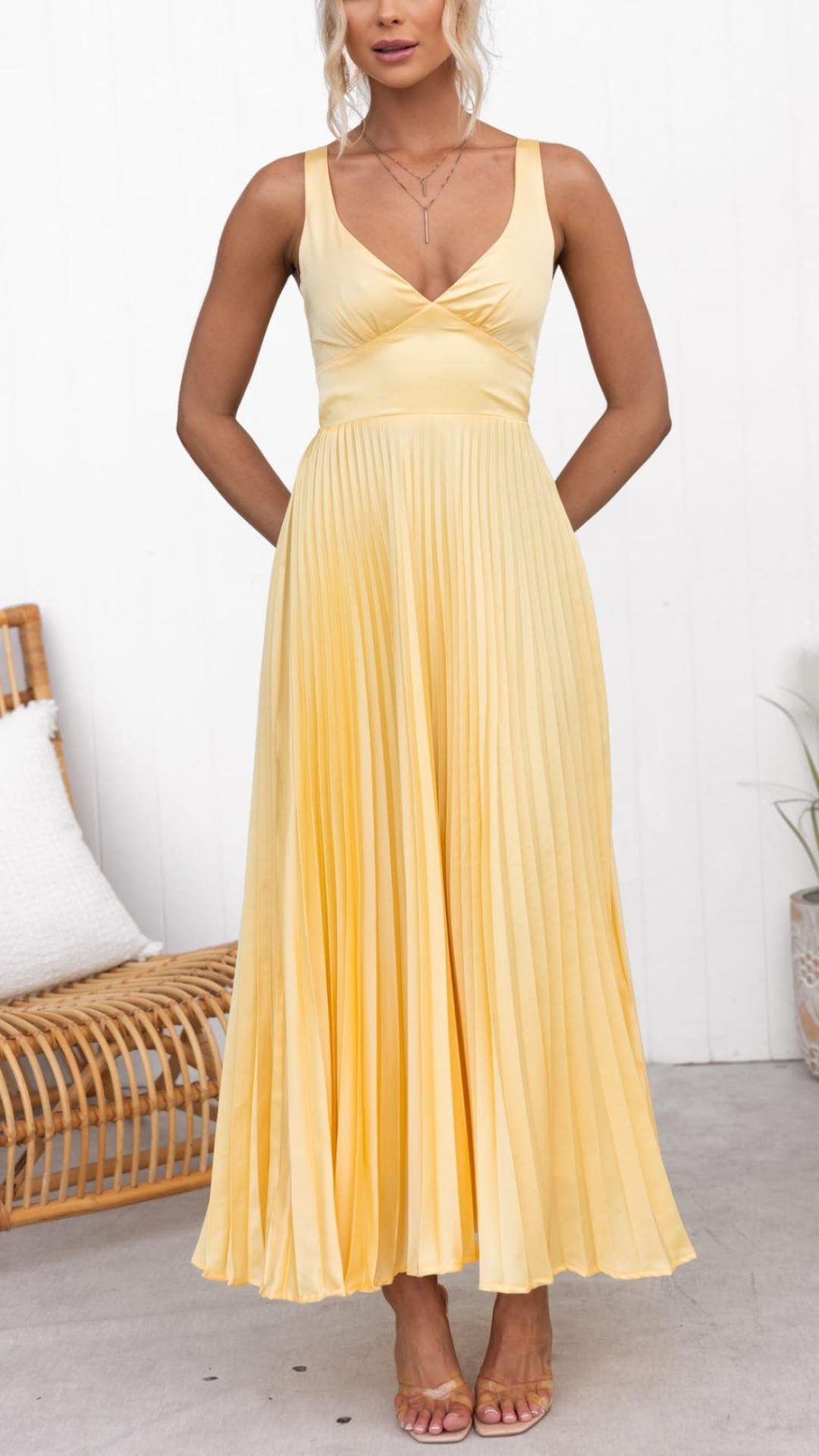 Toperth Yellow Pleated V-Neck Maxi Dress – Toperth