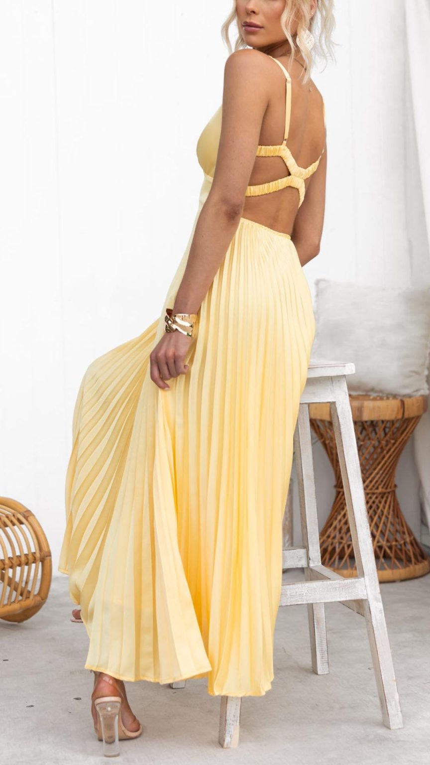 Toperth Yellow Pleated V-Neck Maxi Dress – Toperth