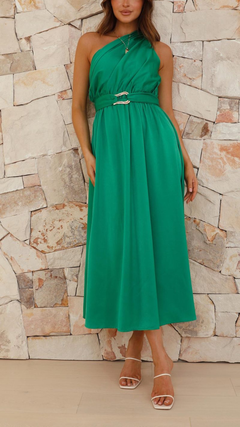 Toperth Green One Shoulder Belted Maxi Dress – Toperth