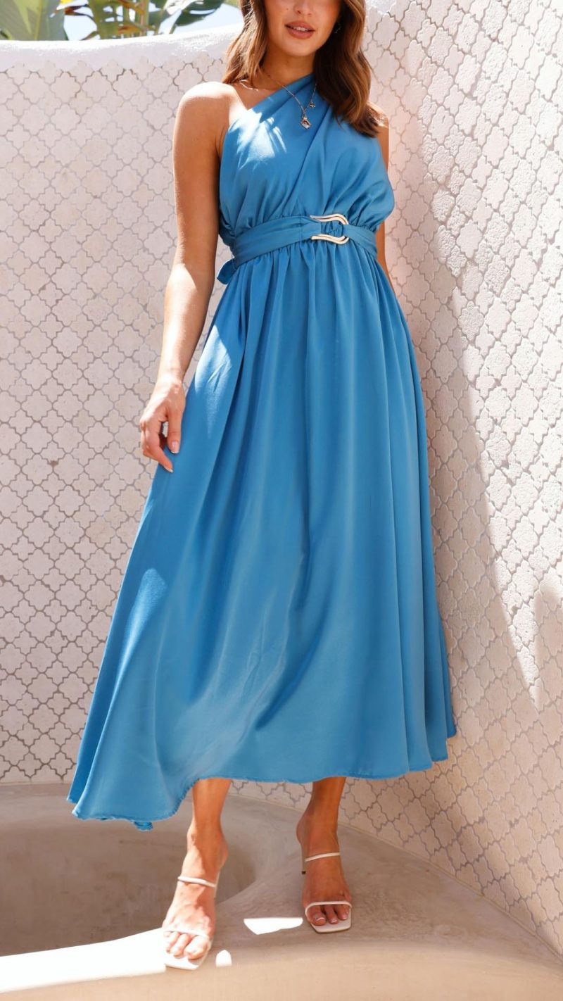 Toperth Blue One Shoulder Belted Maxi Dress – Toperth