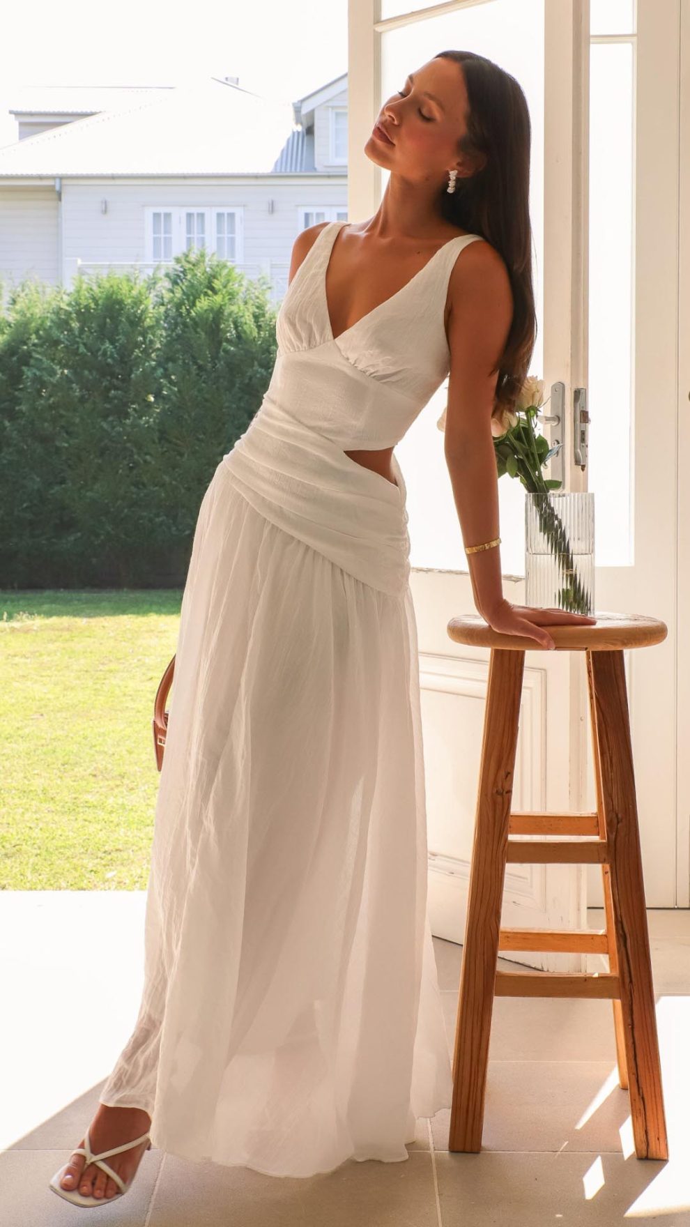 White Front Cut Out Tiered Side Slit Maxi Dress