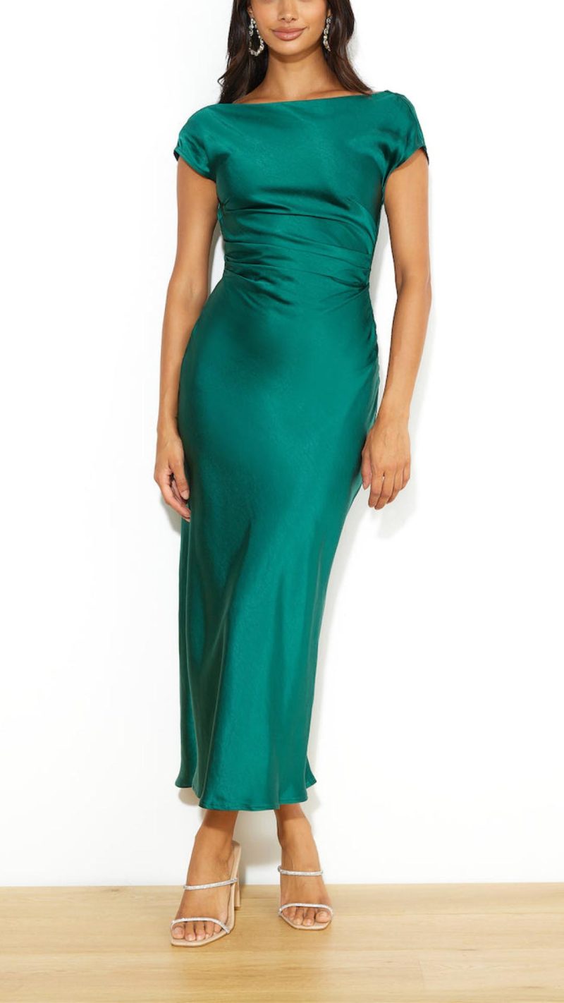 Toperth Emerald Side-Zip Silky Midi Dress – Toperth