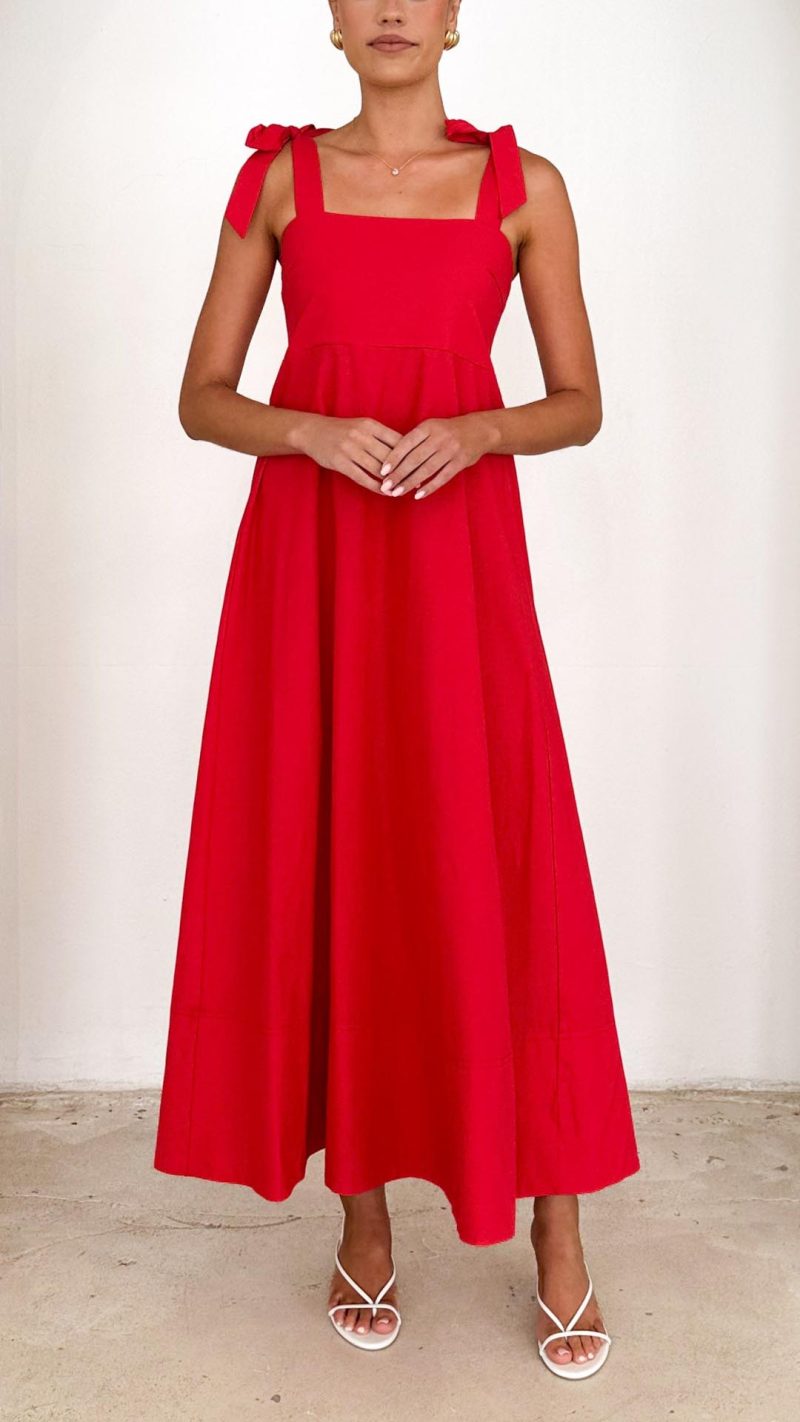 Toperth Red Square Neck Elastic-Back Maxi Dress – Toperth