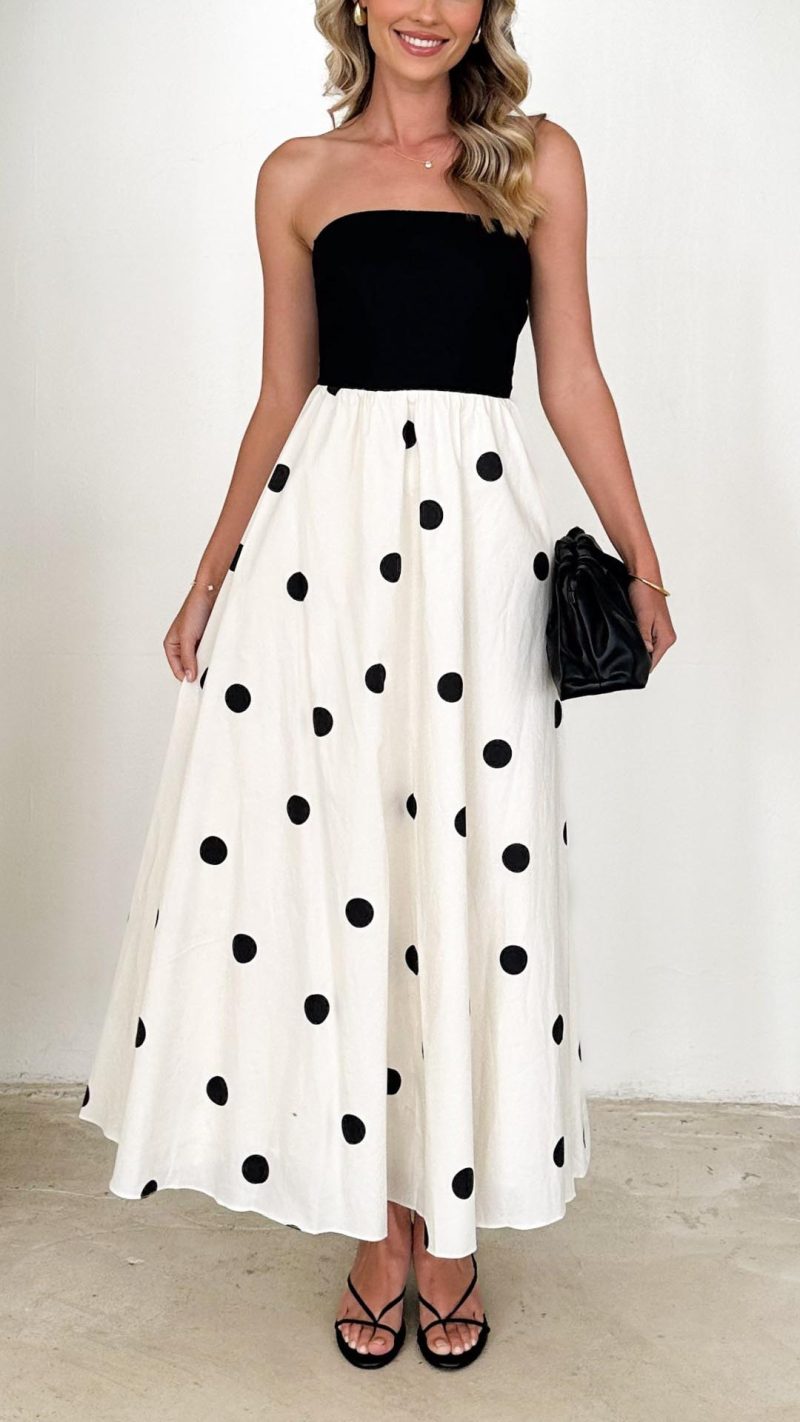 Toperth Black Polka Dot Strapless Maxi Dress – Toperth