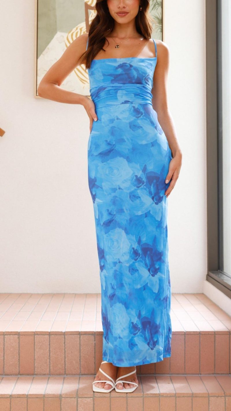 Toperth Dark Blue Floral Bodycon Maxi Dress – Toperth