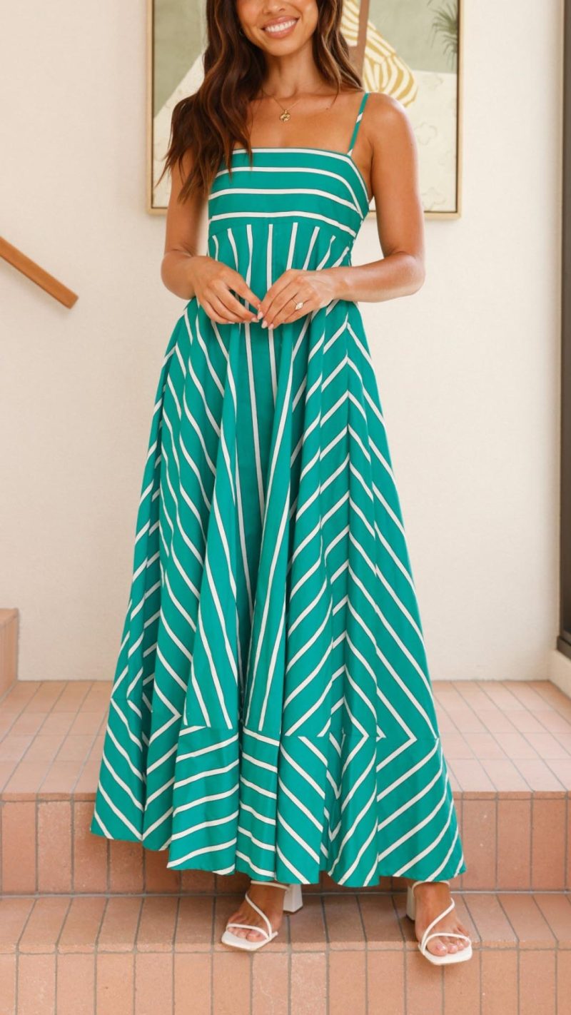 Toperth Green Striped Shirred Back Maxi Dress – Toperth