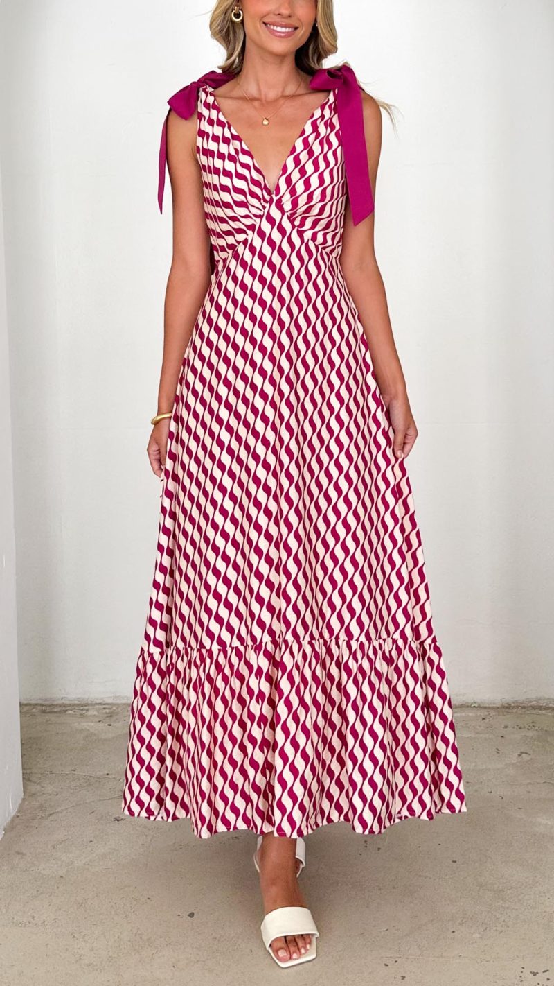 Toperth Tie Shoulder Magenta Wave Maxi Dress – Toperth