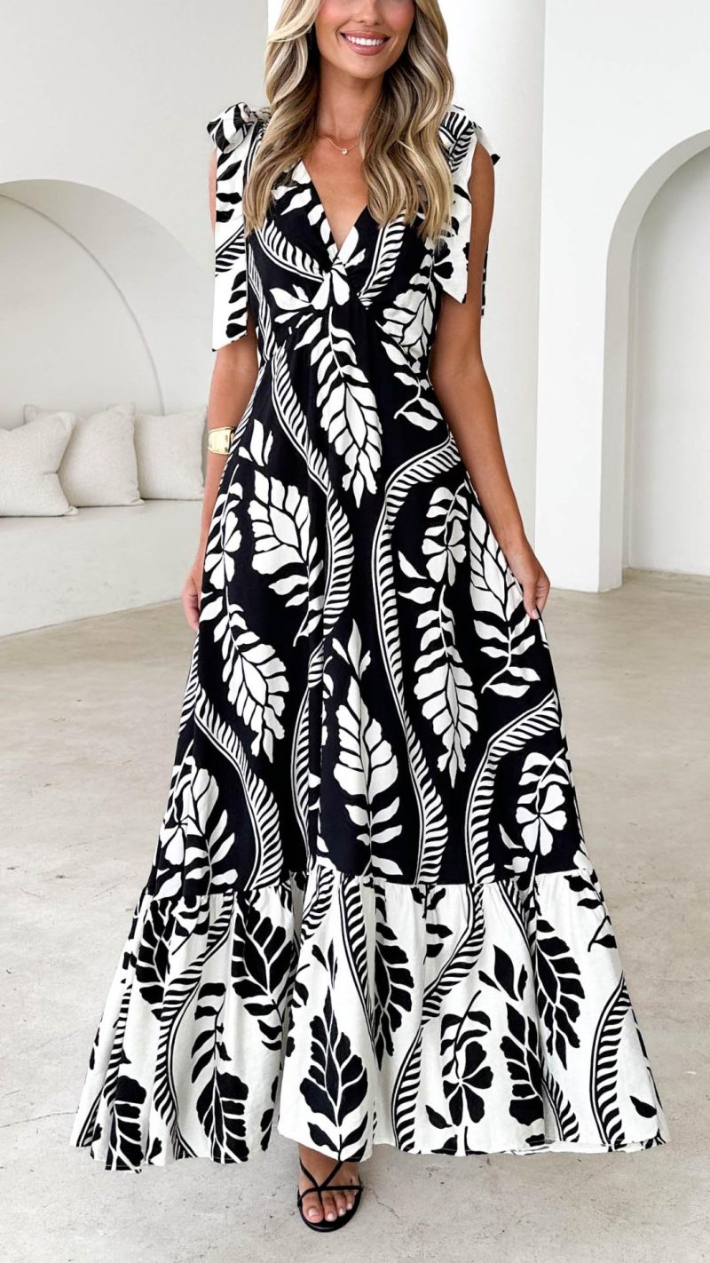 Toperth Black Botanical Tie Sleeve Maxi Dress – Toperth