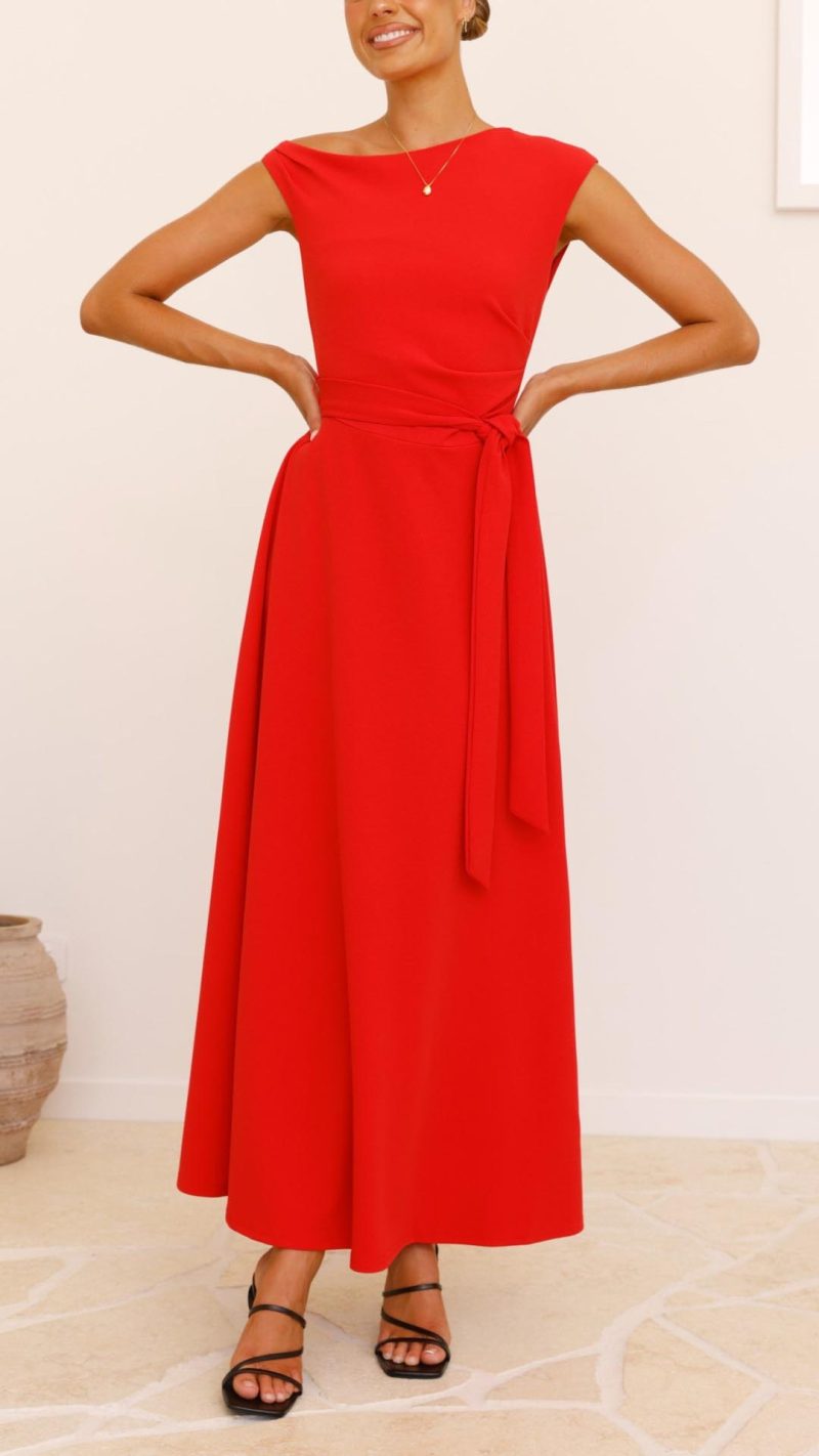 Toperth Red Off-the-Shoulder Detachable Waist Tie Maxi Dress – Toperth