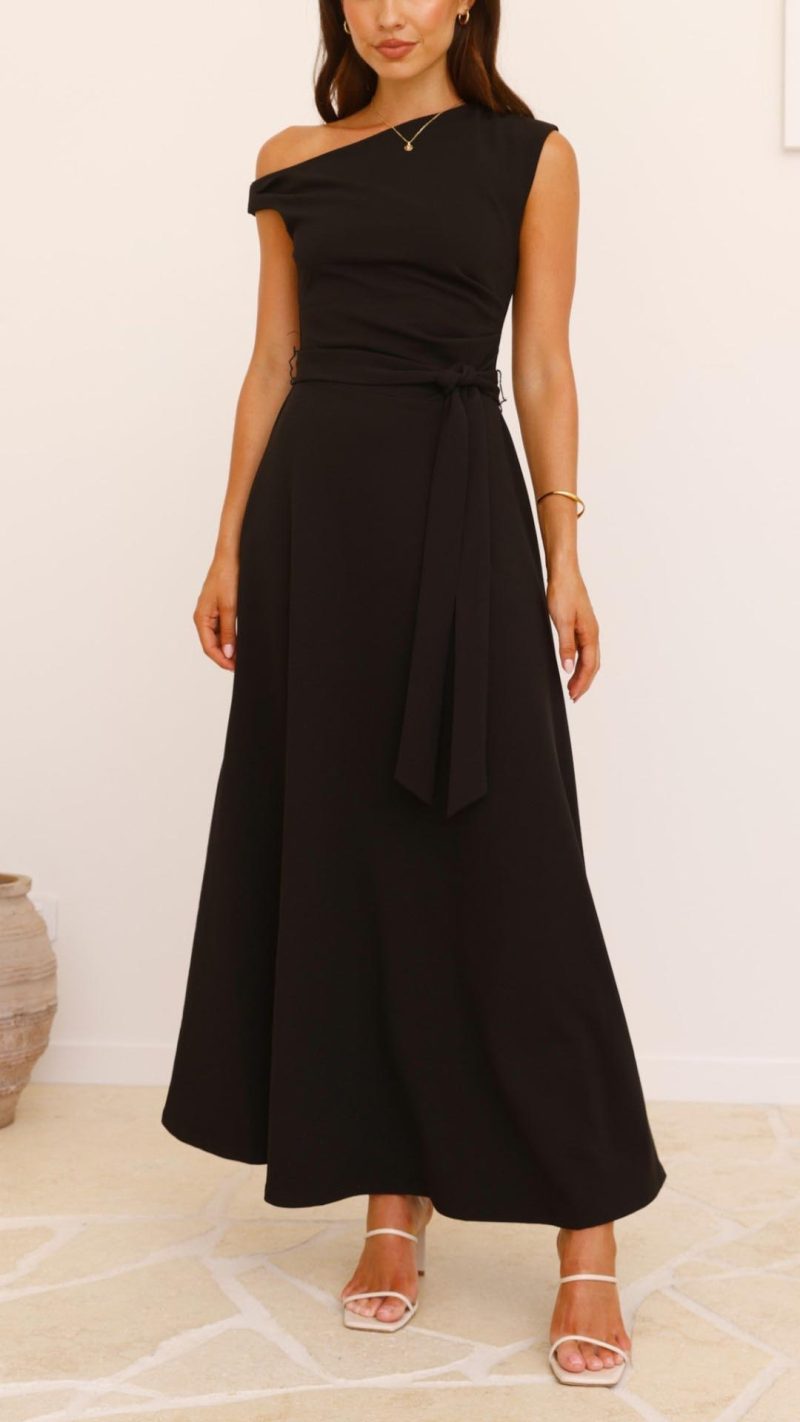 Toperth Black Off-the-Shoulder Detachable Waist Tie Maxi Dress – Toperth