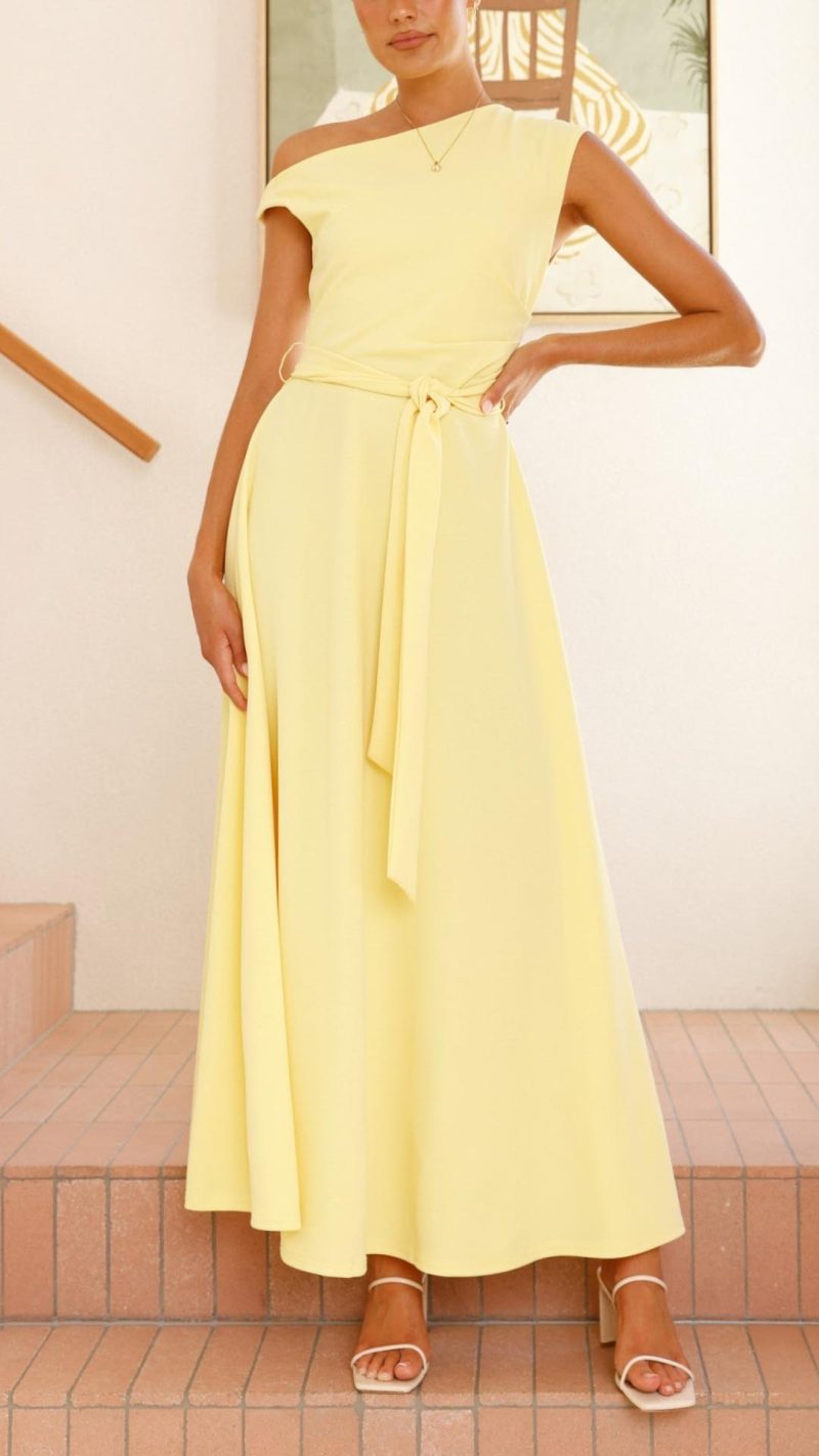 Toperth Yellow Off-the-Shoulder Detachable Waist Tie Maxi Dress – Toperth