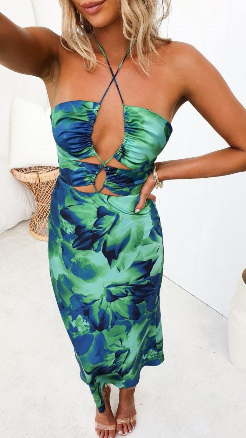 Toperth Green Print Tie Halter Neck Cut-Out Midi Dress – Toperth