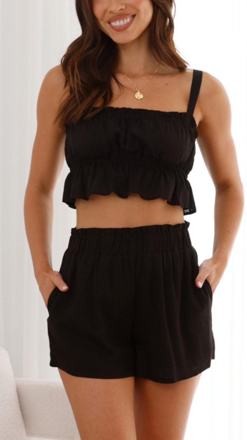 Toperth Black Ruffled Crop Top Shorts Set – Toperth