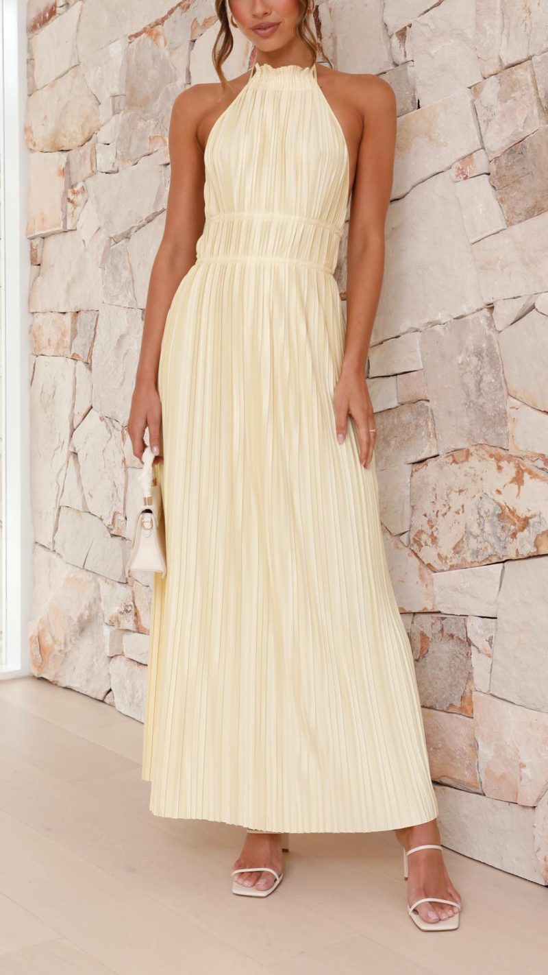 Toperth Yellow Pleated Halter Open-Back Maxi Dress – Toperth