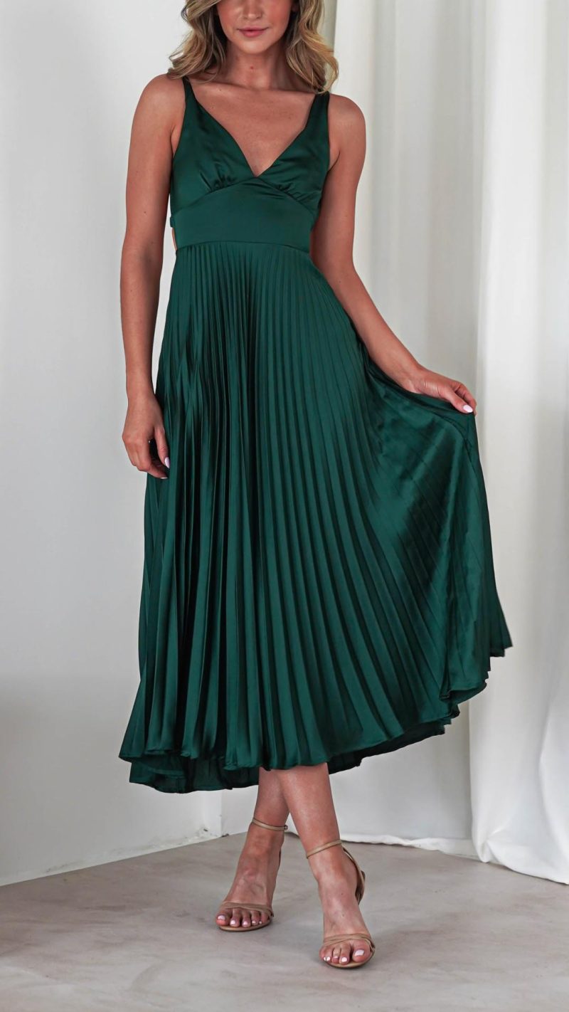 Toperth Green Pleated V-Neck Maxi Dress – Toperth