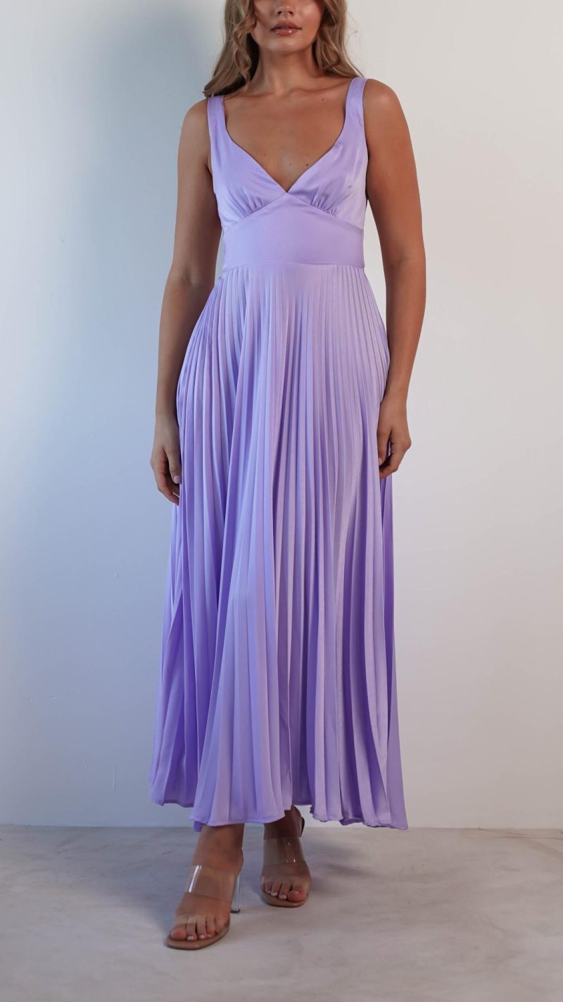 Toperth Purple Pleated V-Neck Maxi Dress – Toperth