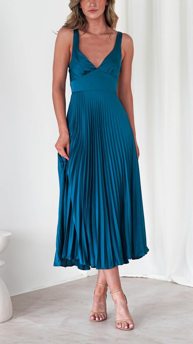 Toperth Dark Blue Pleated V-Neck Maxi Dress – Toperth