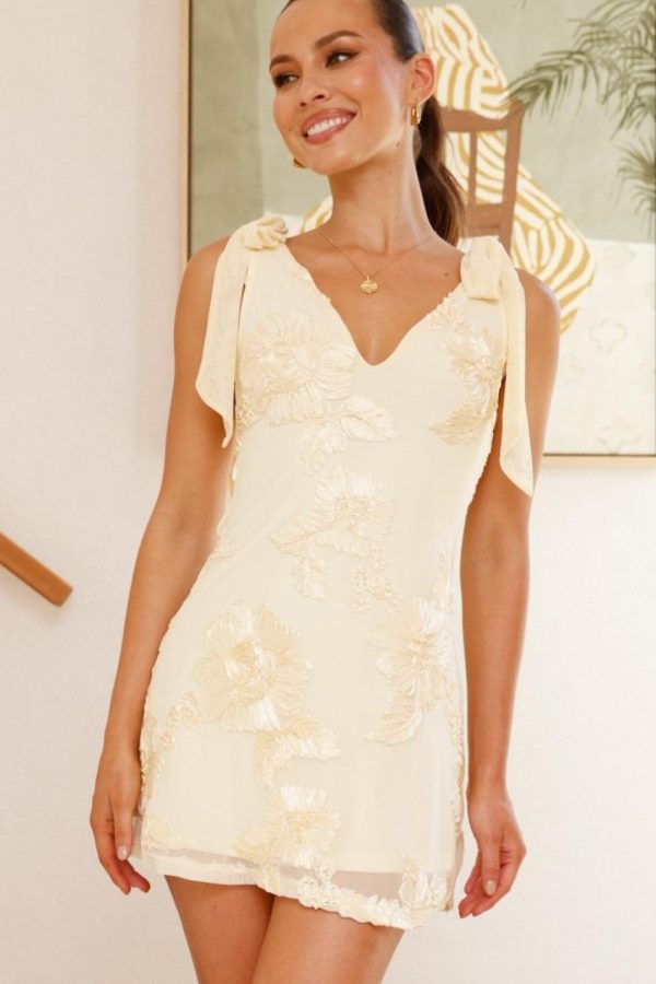 Toperth Yellow Embroidered Floral Tie Strap Mini Dress