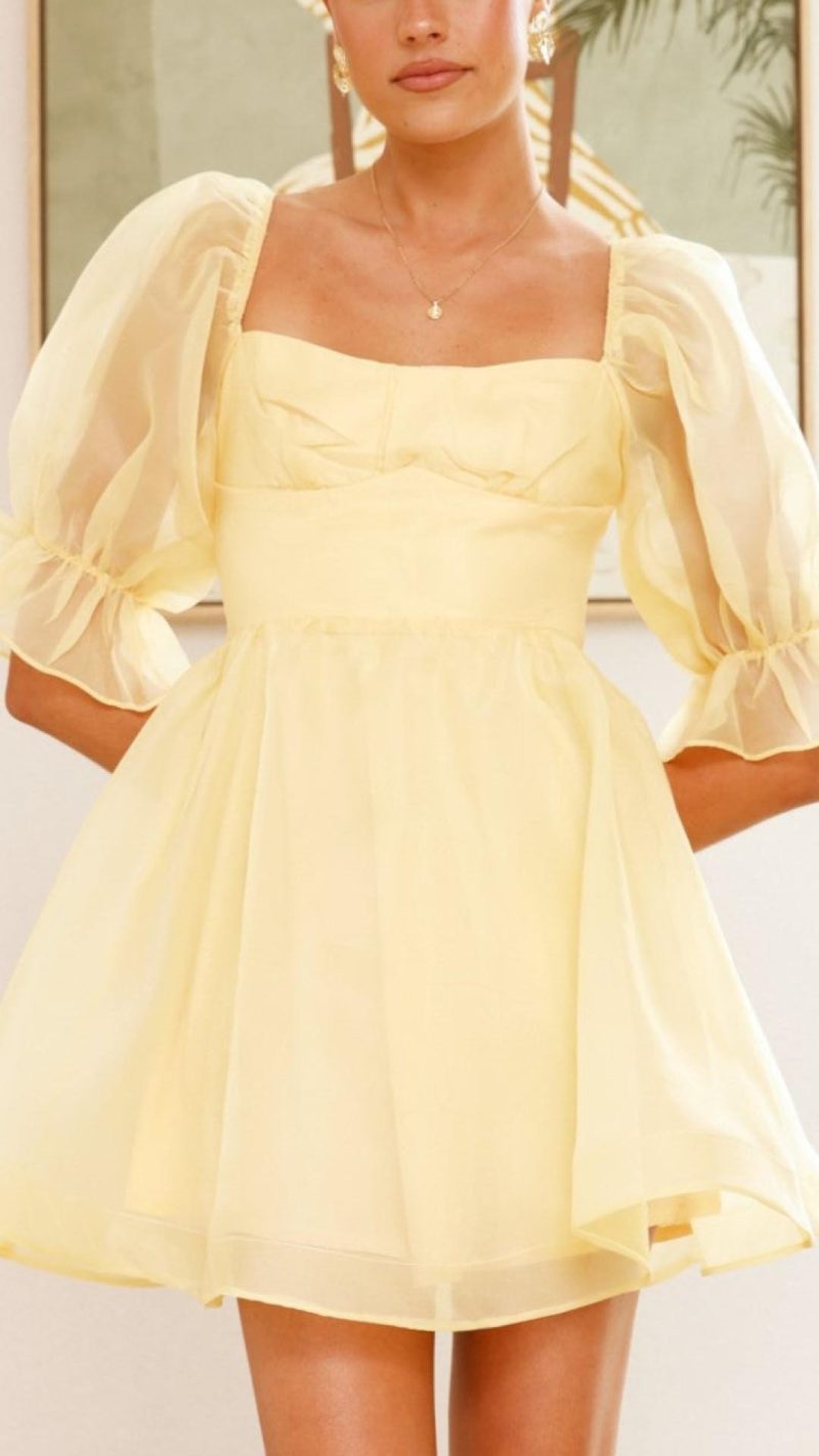 Toperth Dreamy Yellow Puff Sleeve Mini Dress – Toperth