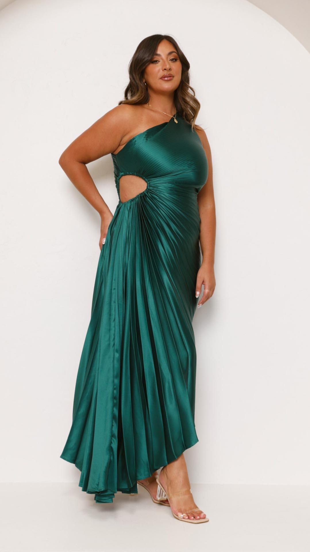 Toperth Forest Green Pleated One-Shoulder Maxi Dress – Toperth