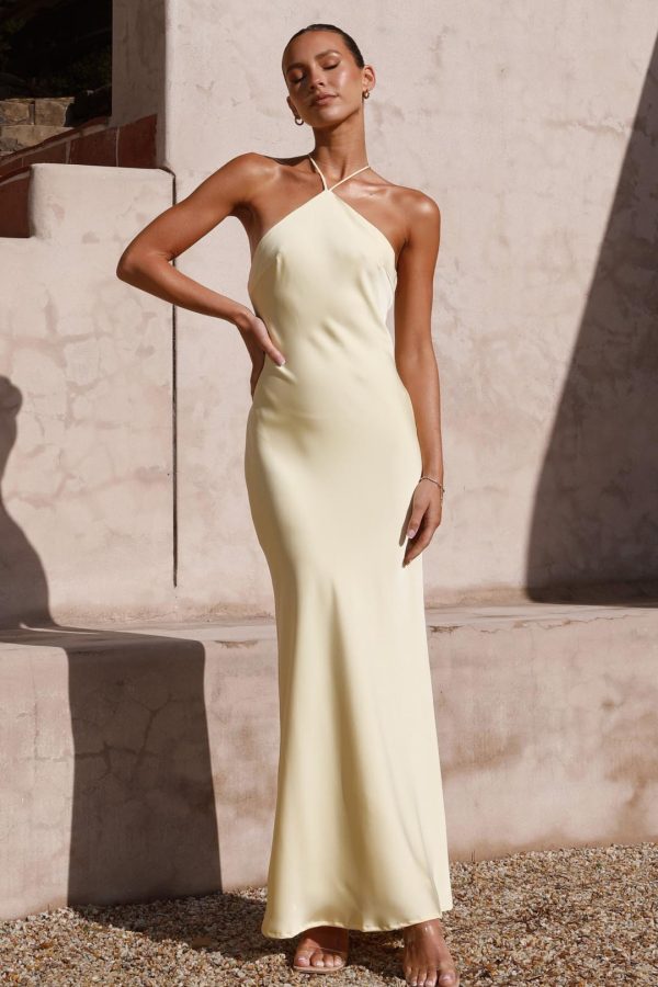 Toperth Yellow Satin Halter Tie-Back Maxi Dress