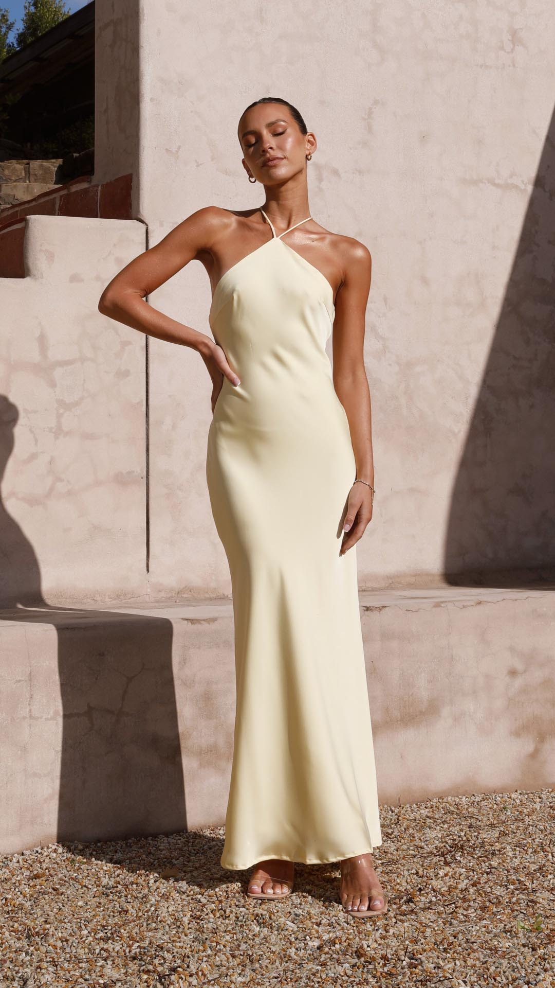 TH-02743 (1) Toperth Yellow Satin Halter Tie-Back Maxi Dress – Toperth