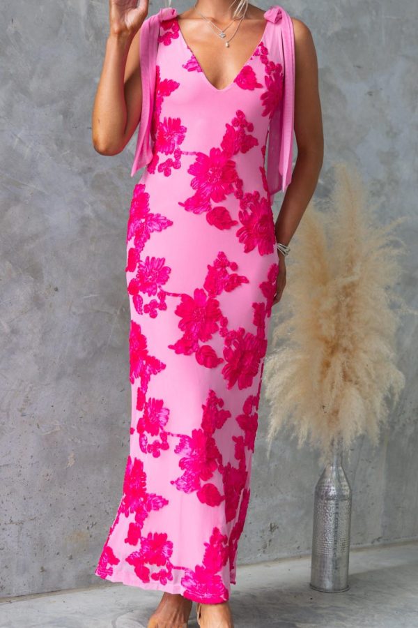 Toperth Pink Embroidered Floral Tie Strap Maxi Dress