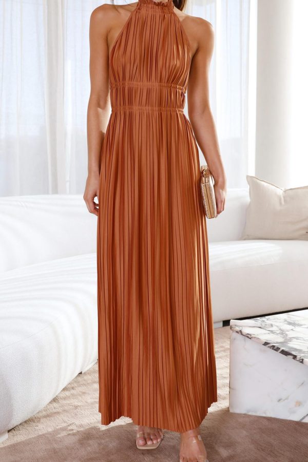 Toperth Chocolate Pleated Halter Open-Back Maxi Dress
