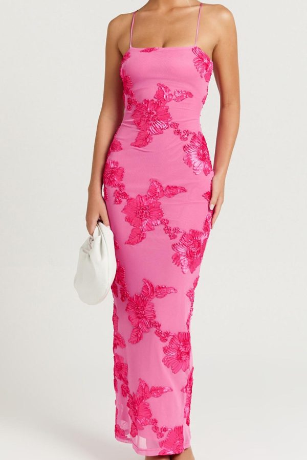 Toperth Pink Embroidered Floral Mesh Maxi Dress