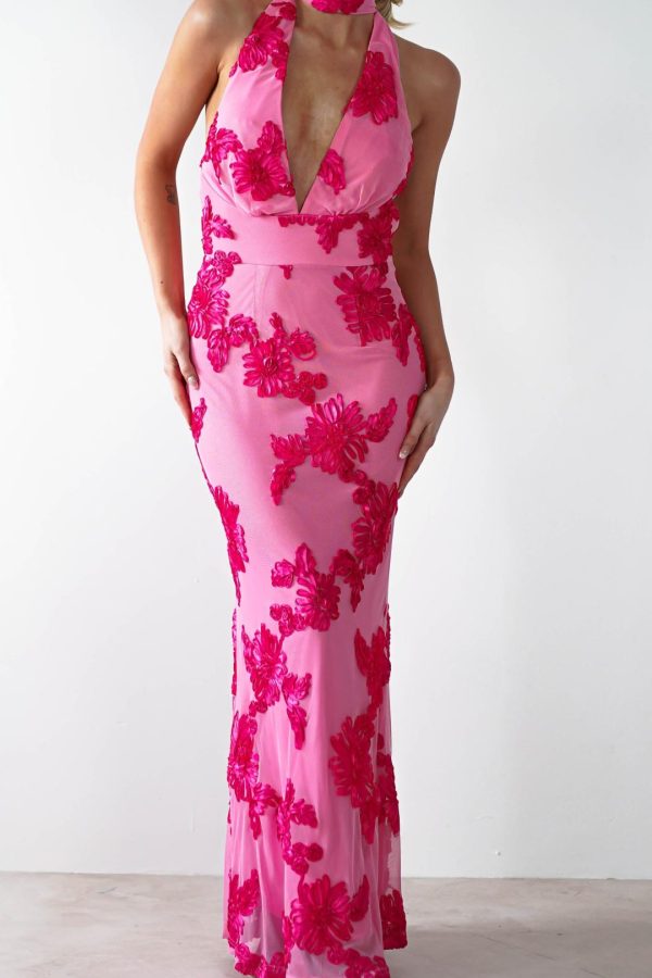 Toperth Pink Embroidered Floral Halterneck Maxi Dress