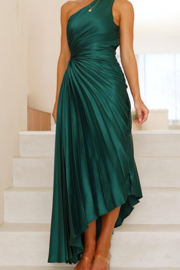 Toperth Forest Green Pleated One-Shoulder Maxi Dress