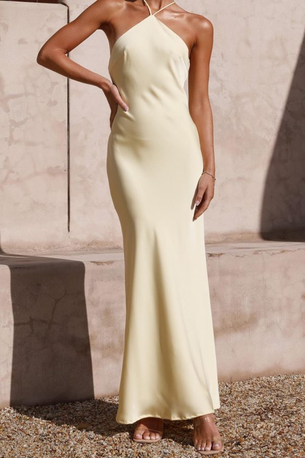 Toperth Yellow Satin Halter Tie-Back Maxi Dress