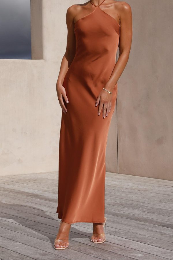 Toperth Copper Satin Halter Tie-Back Maxi Dress