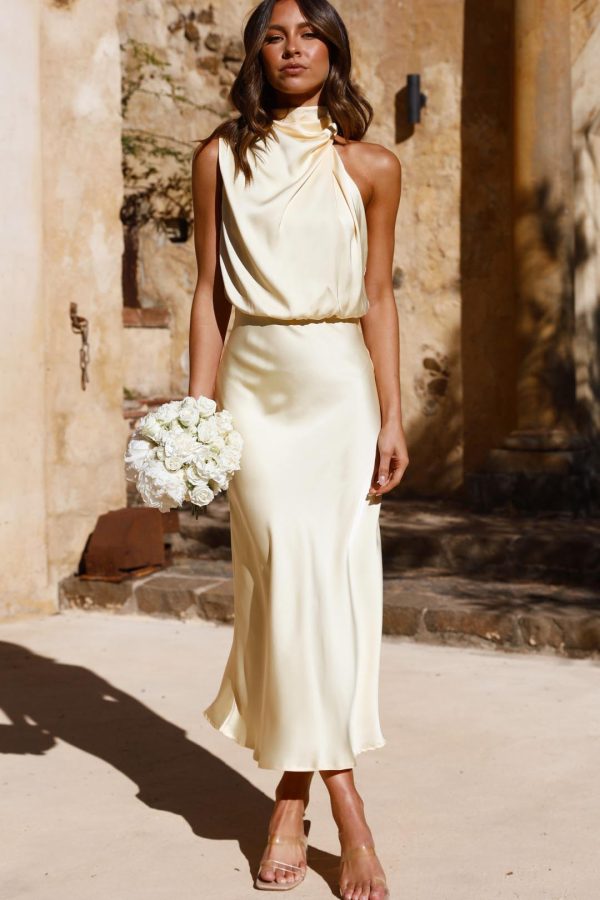 Toperth Yellow High Neck Draped Maxi Dress