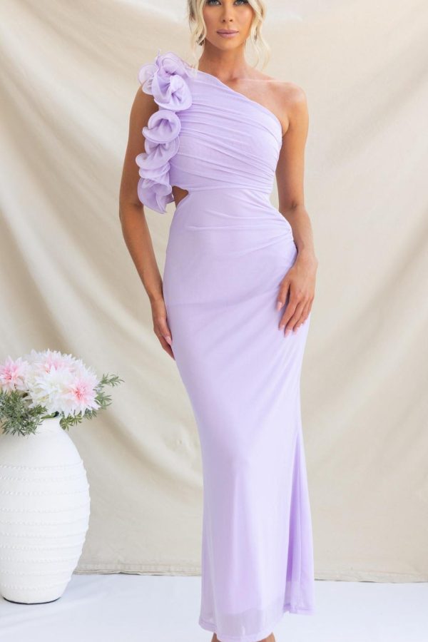 Toperth Purple Ruffle One-Shoulder Mesh Maxi Dress