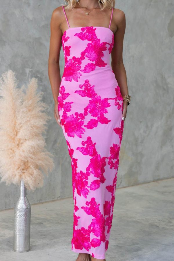 Toperth Pink Embroidered Floral Mesh Maxi Dress