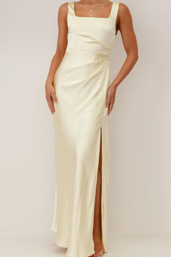 Toperth Yellow Satin Side-Gathered Maxi Dress