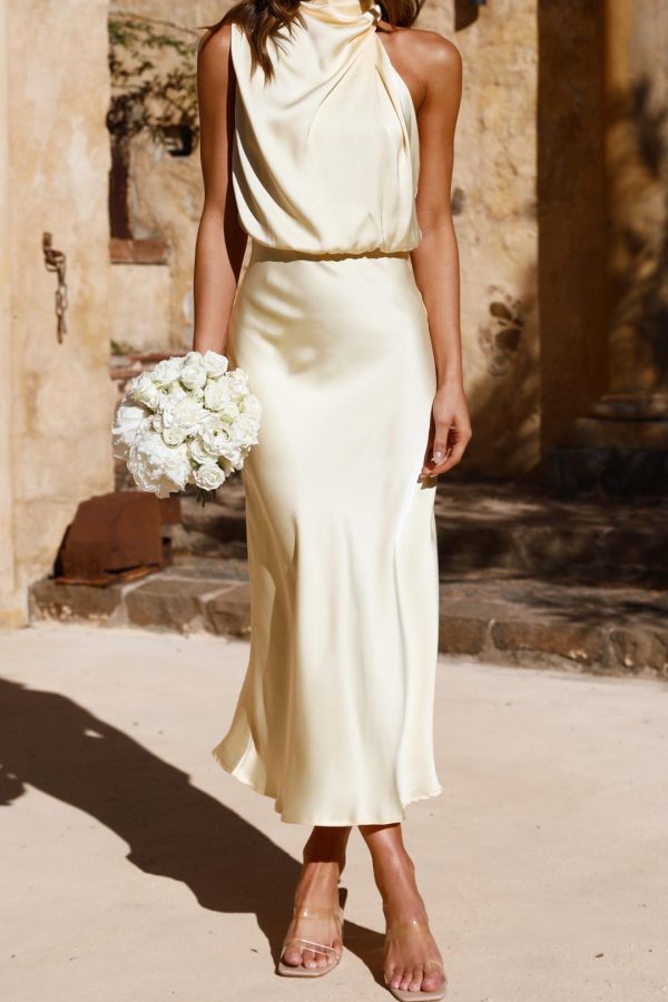 Toperth Yellow High Neck Draped Maxi Dress