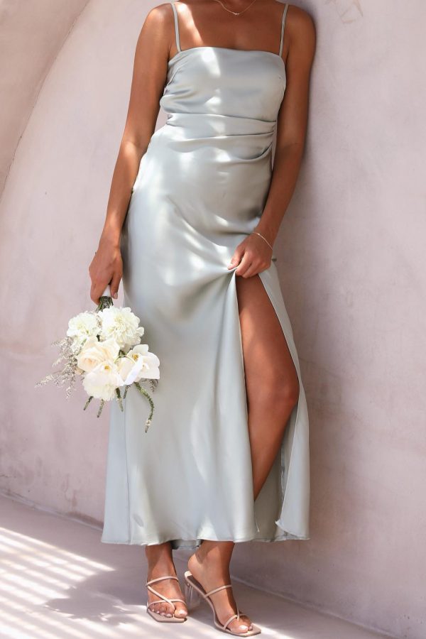 Toperth Olive Square Neckline Satin Pleated Maxi Dress