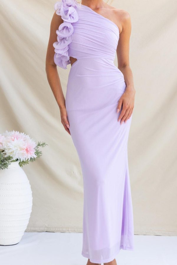 Toperth Purple Ruffle One-Shoulder Mesh Maxi Dress