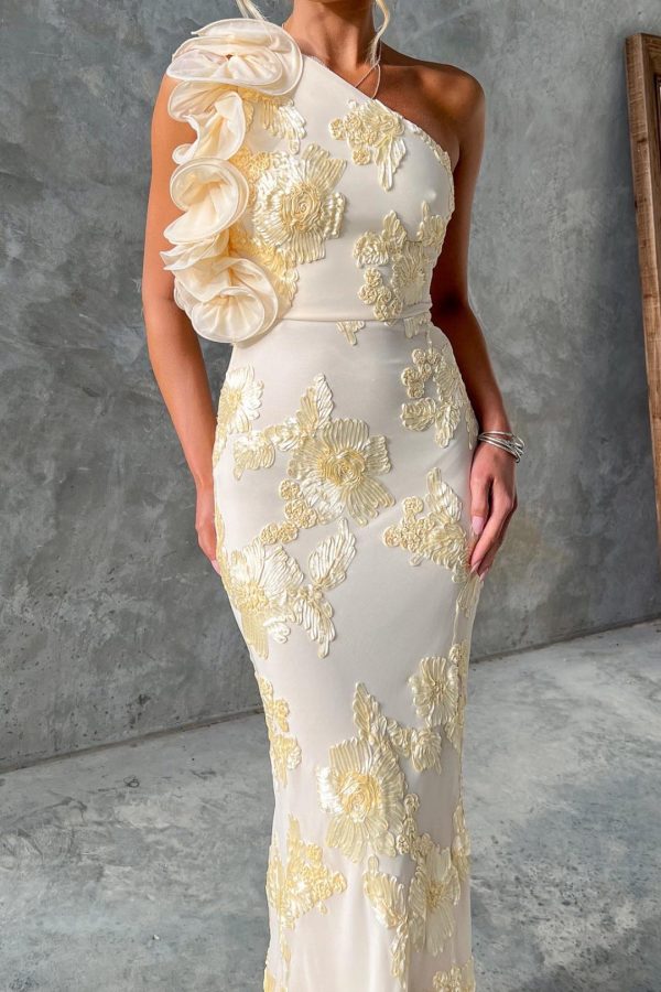 Toperth Ivory Embroidered Ruffle One-Shoulder Mesh Maxi Dress