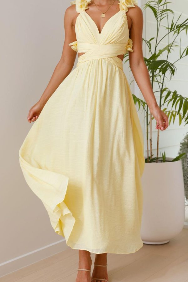 Toperth Yellow Ruffle Strap V-Neck Maxi Dress